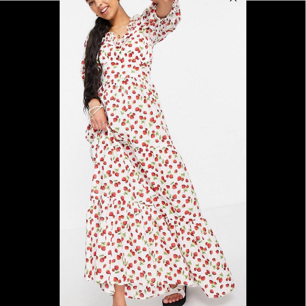 ASOS DESIGN puff sleeve tiered maxi dress in strawberry print